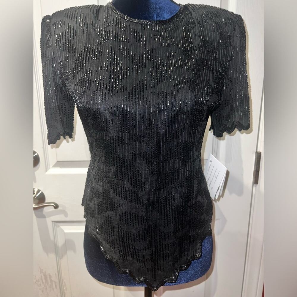 Vintage Laurence Kazar Silk Sequins Top Black Evening Cocktail size petite small